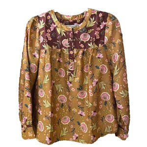 NEW with Tags LOFT Womens XS Floral Print Henley Blouse Tailored Silky Shirt